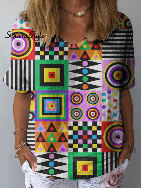 Women’s Colorful Geometric Art Print Casual Cotton And Linen Shirt Multicolor / S