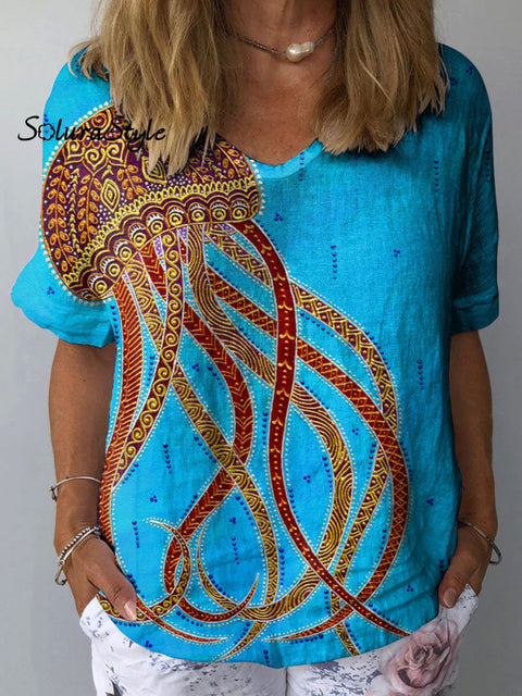 Women’s Colorful Jellyfish Art Print Casual Cotton And Linen Shirt