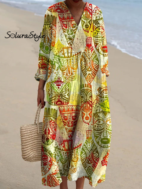 Women’s Colorful Nuo Mask Art Print Dress Multicolor / S