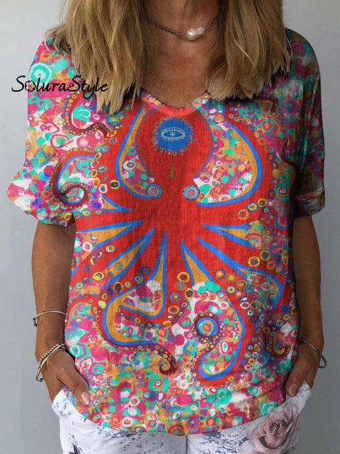 Women’s Colorful Octopus Art Print Casual Cotton And Linen Shirt