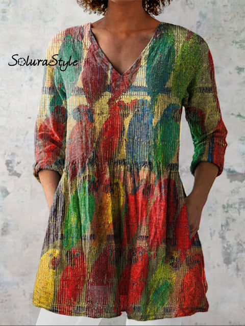 Women’s Colorful Parrot Art Print Casual Linen V-neck Shirt Multicolor / S