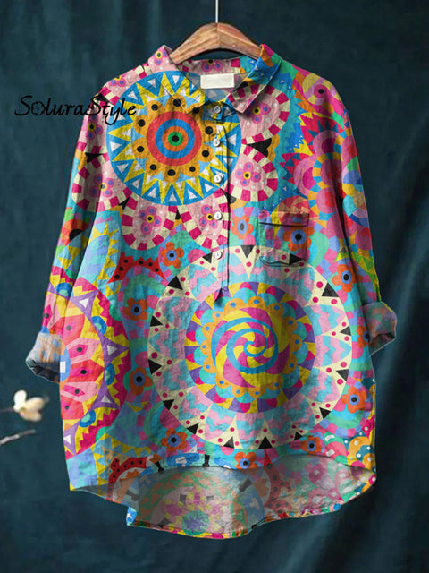 Women’s Colorful Pattern Art Print Casual Cotton And Linen Shirt Multicolor / S