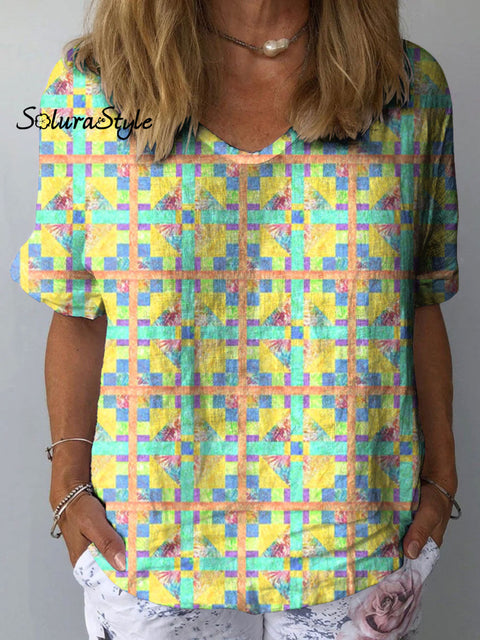 Women’s Colorful Pattern Art Print Casual Cotton And Linen Shirt Multicolor / S