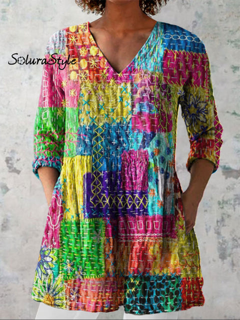Women’s Colorful Pattern Art Print Casual Linen V-neck Shirt Multicolor / S