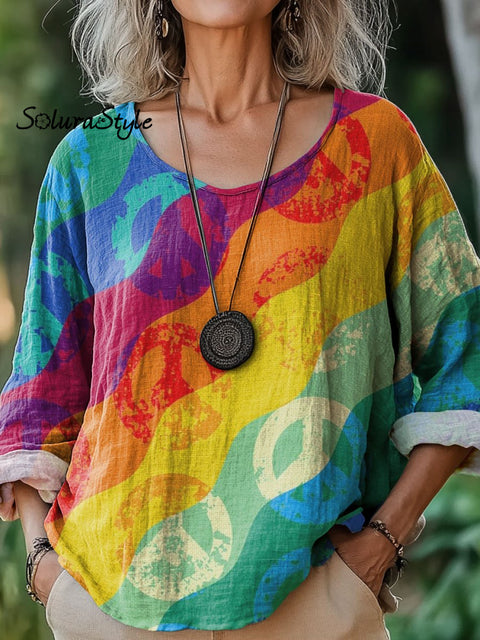 Women’s Colorful Peace Sign Art Print Casual Cotton And Linen Shirt Multicolor / S