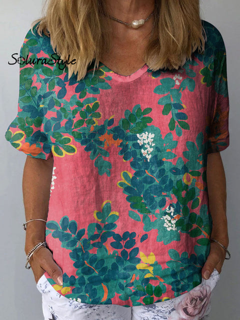 Women’s Colorful Plant Flower Art Print Casual Cotton And Linen Shirt Multicolor / S