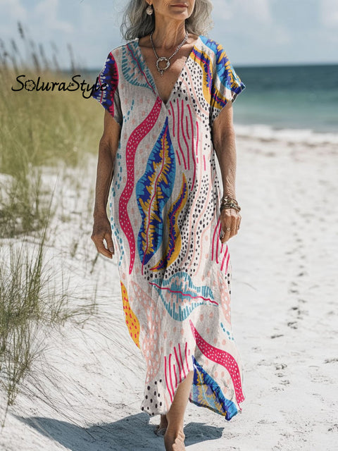 Women’s Colorful Plant Polka Dot Art Print Pocket Cotton Dress Multicolor / S