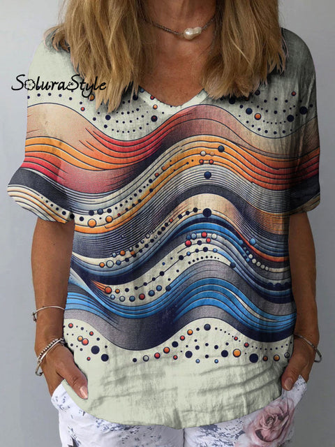 Women’s Colorful Ripple Dot Art Print Casual Cotton And Linen Shirt Multicolor / S