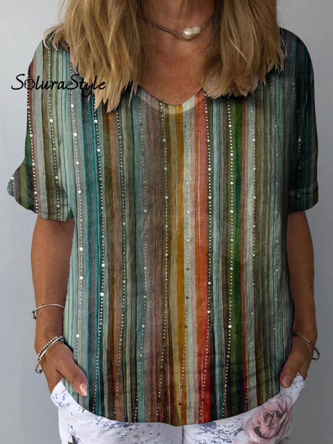Women’s Colorful Stripe Art Print Casual Cotton And Linen Shirt Multicolor / S