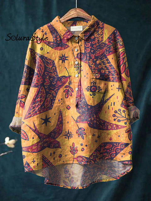 Women’s Colorful Swallow Art Print Casual Cotton And Linen Shirt Multicolor / S