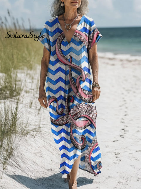 Women’s Colorful Tentacle Art Print Pocket Cotton Dress Multicolor / S