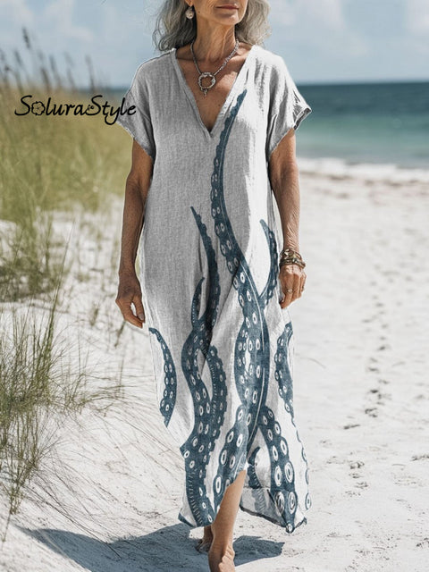 Women’s Colorful Tentacle Art Print Pocket Cotton Dress Multicolor / S