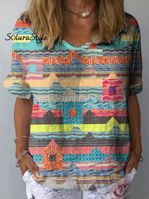 Women’s Colorful Texture Art Print Casual Cotton And Linen Shirt Multicolor / S