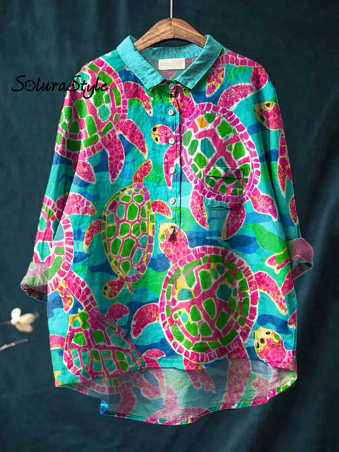 Women’s Colorful Turtle Art Print Casual Cotton And Linen Shirt Multicolor / S