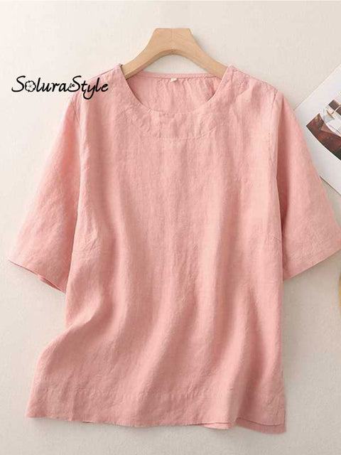 Women’s Cotton And Linen Casual Short-Sleeved T-Shirt Shirt Pink / M