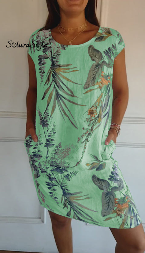 Women’s Cotton And Linen Round Neck Printed Dress Green / S(Us 6-8)