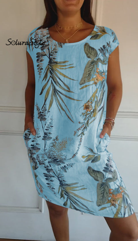 Women’s Cotton And Linen Round Neck Printed Dress Light Blue / S(Us 6-8)