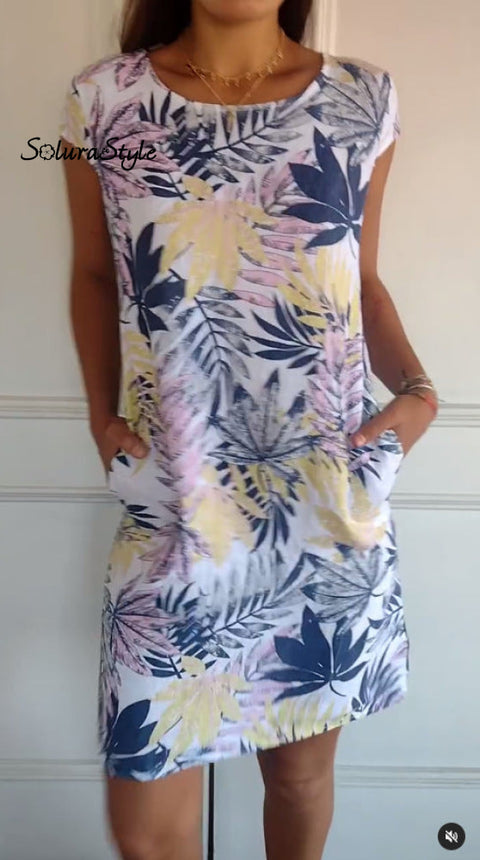 Women’s Cotton And Linen Round Neck Printed Dress Pink Print / S(Us 6-8)