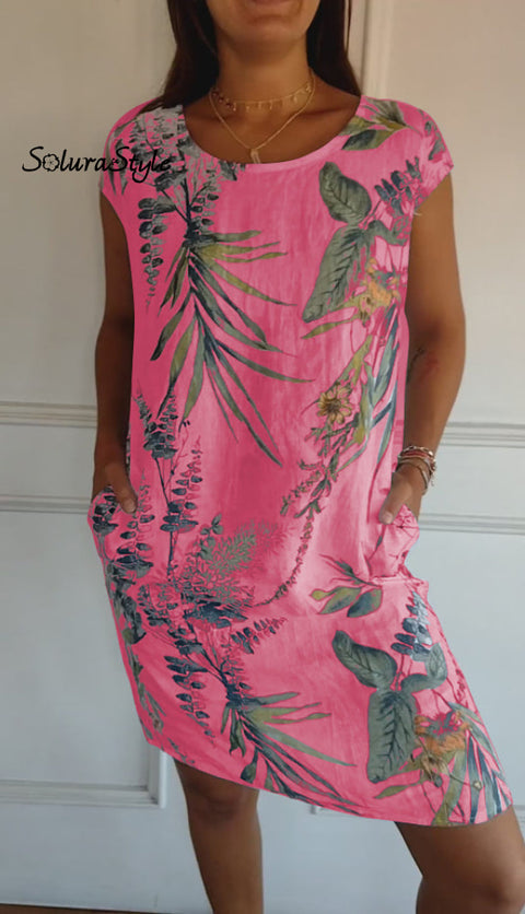 Women’s Cotton And Linen Round Neck Printed Dress Pink / S(Us 6-8)