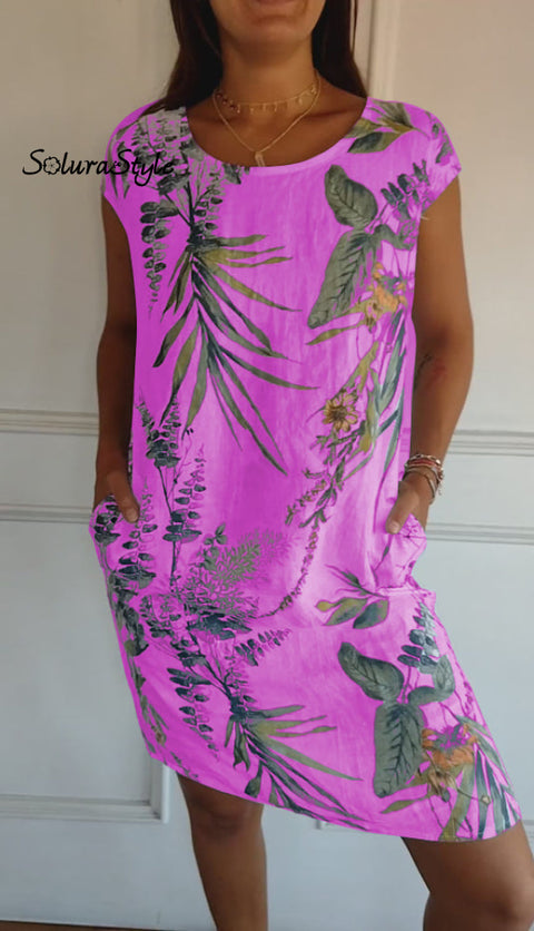Women’s Cotton And Linen Round Neck Printed Dress Purple / S(Us 6-8)