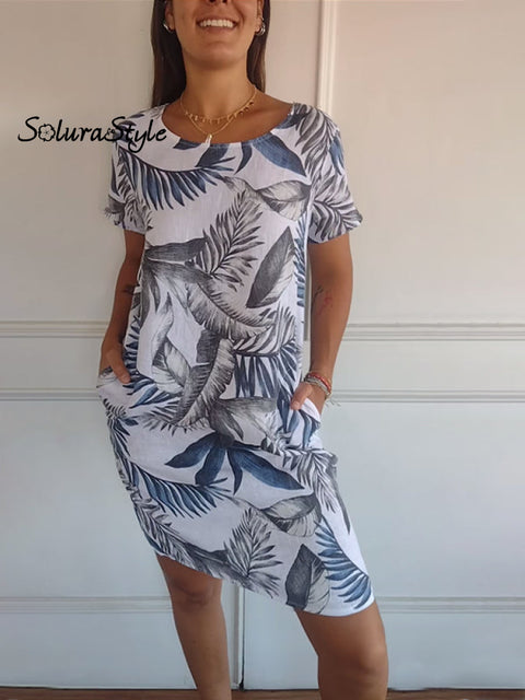Women’s Cotton And Linen Round Neck Printed Dress White / S(Us 6-8)
