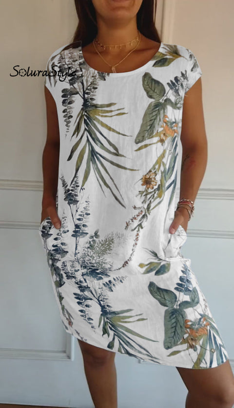 Women’s Cotton And Linen Round Neck Printed Dress White - Short Sleeves / S(Us 6-8)
