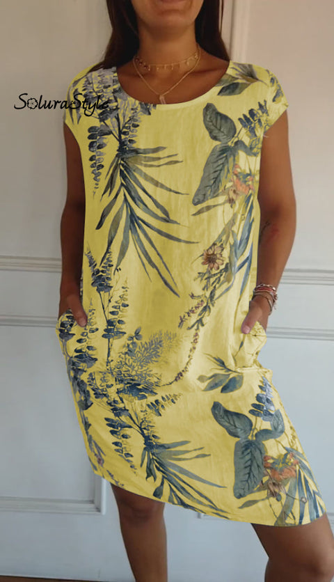 Women’s Cotton And Linen Round Neck Printed Dress Yellow / S(Us 6-8)