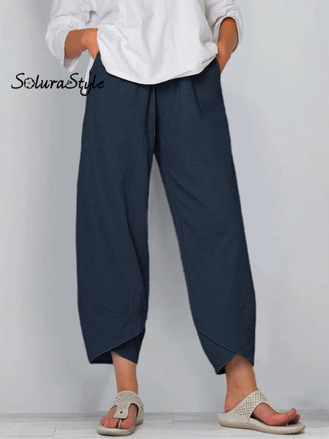 Women’s Cotton Linen Simple Loose Casual Ninth Pants Dark Blue / S