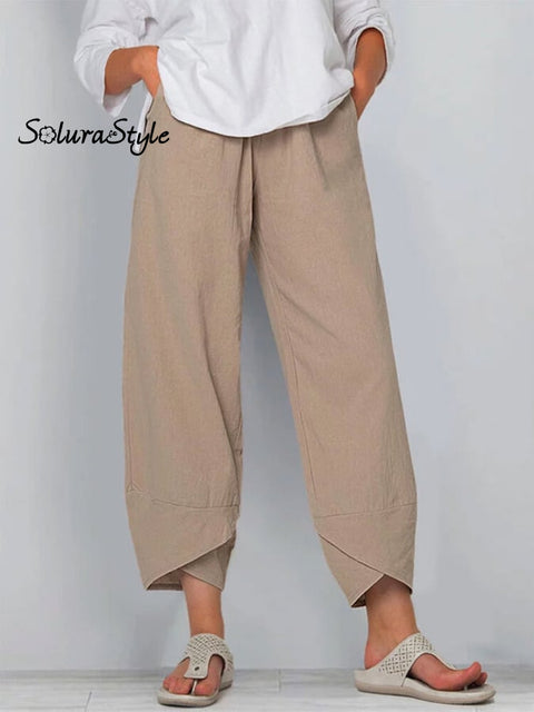 Women’s Cotton Linen Simple Loose Casual Ninth Pants Khaki / S