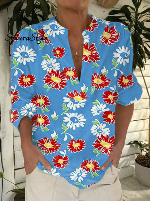 Women’s Daisy Floral Art Print Casual Short Sleeve Comfortable Cotton Shirt Multicolor / S
