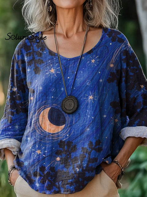 Women’s Dark Night Art Print Casual Cotton And Linen Shirt Multicolor / S