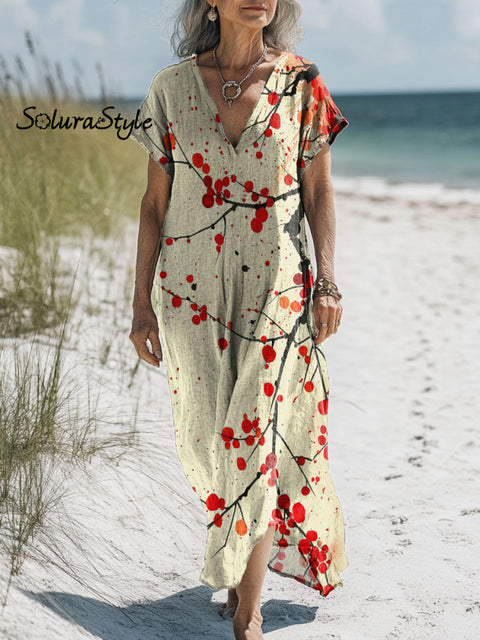 Women’s Dead Branch Red Dot Art Print Pocket Cotton Dress Multicolor / S