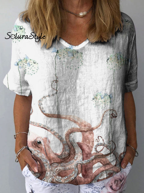 Women’s Deep Sea Octopus Art Print Casual Cotton And Linen Shirt