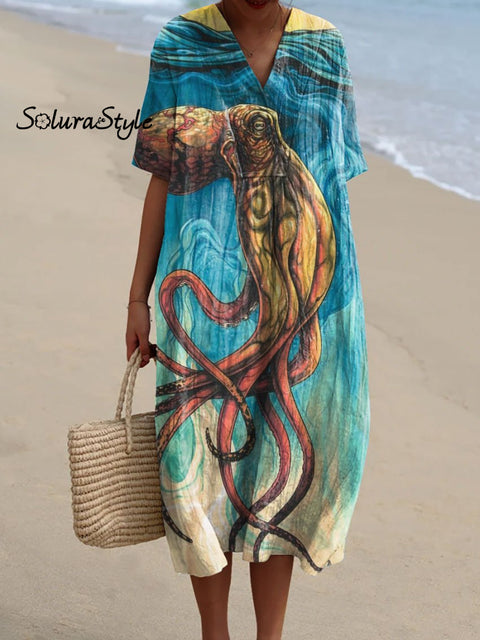 Women’s Deep Sea Octopus Art Print Flowy Dress Multicolor / S
