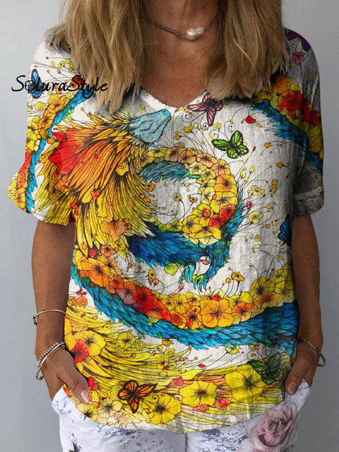 Women’s Dragon Flower Art Print Casual Cotton And Linen Shirt Multicolor / S