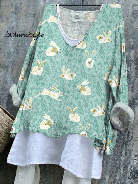 Women’s Easter Bunny Art Print Casual Cotton And Linen Shirt Multicolor / S