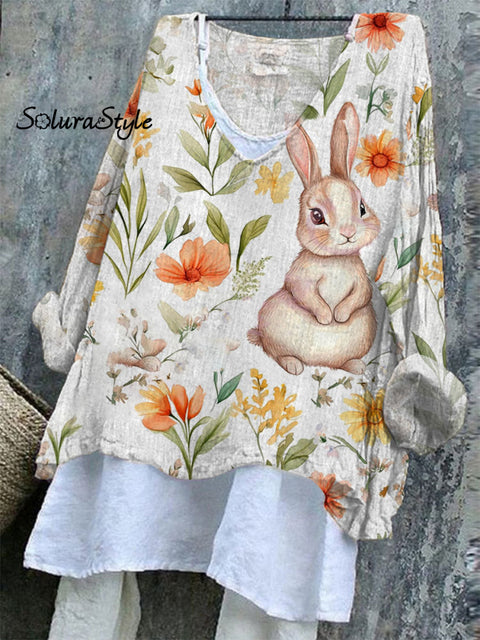 Women’s Easter Bunny Art Print Casual Cotton And Linen Shirt Multicolor / S