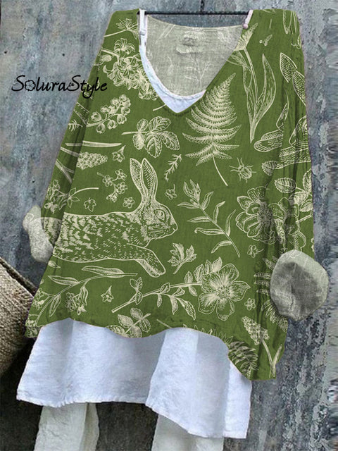 Women’s Easter Bunny Art Print Casual Cotton And Linen Shirt Multicolor / S