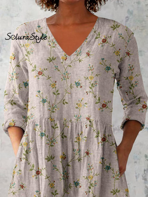 Women’s Elegant Art Floral Print V-Neck Cotton and Linen Top