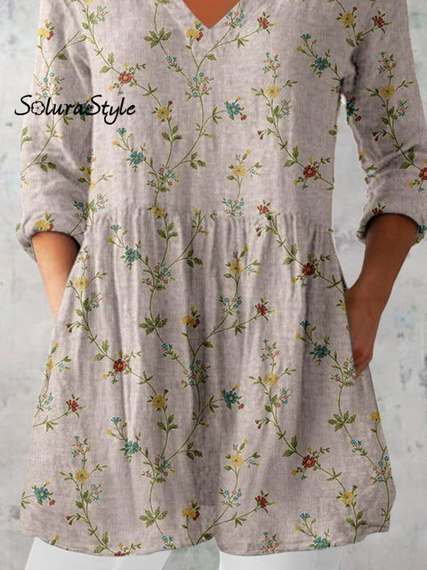 Women’s Elegant Art Floral Print V-Neck Cotton and Linen Top