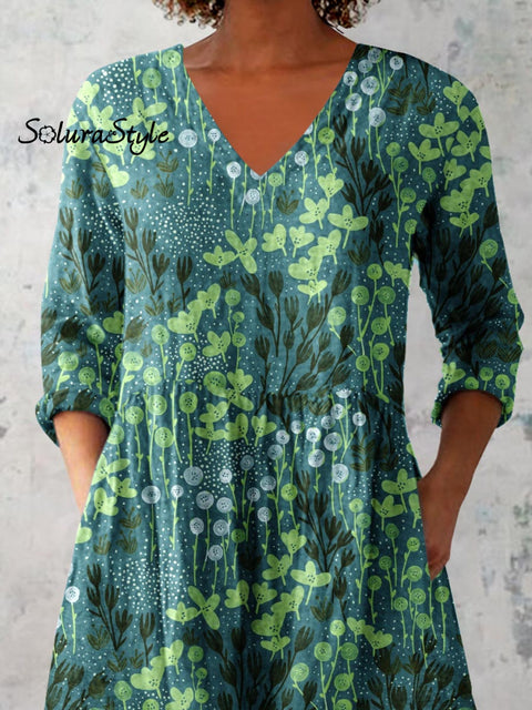 Women’s Elegant Art Floral Print V-Neck Cotton and Linen Top
