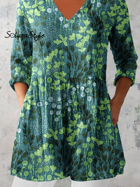 Women’s Elegant Art Floral Print V-Neck Cotton and Linen Top