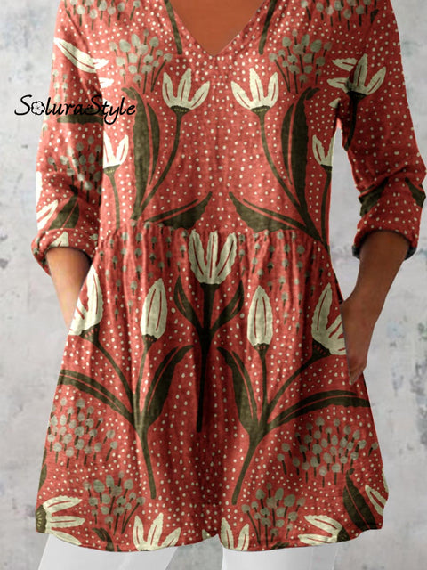 Women’s Elegant Art Floral Print V-Neck Cotton and Linen Top