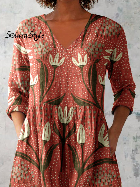 Women’s Elegant Art Floral Print V-Neck Cotton and Linen Top