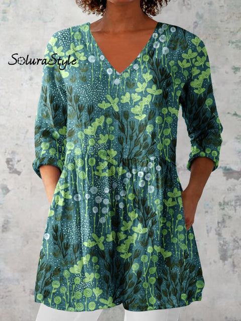 Women’s Elegant Art Floral Print V-Neck Cotton and Linen Top Green / S
