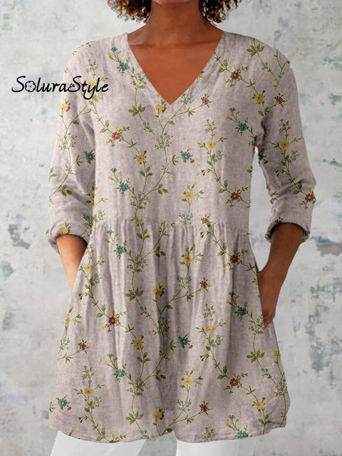 Women’s Elegant Art Floral Print V-Neck Cotton and Linen Top Grey / S