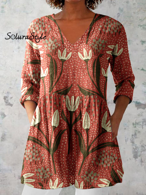 Women’s Elegant Art Floral Print V-Neck Cotton and Linen Top Red / S