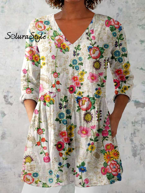 Women’s Elegant Floral Cotton and Linen Top White / S