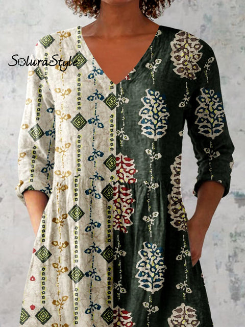 Women’s Elegant Floral Motion Round Neck Cotton and Linen Top