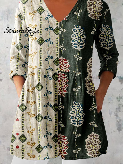 Women’s Elegant Floral Motion Round Neck Cotton and Linen Top